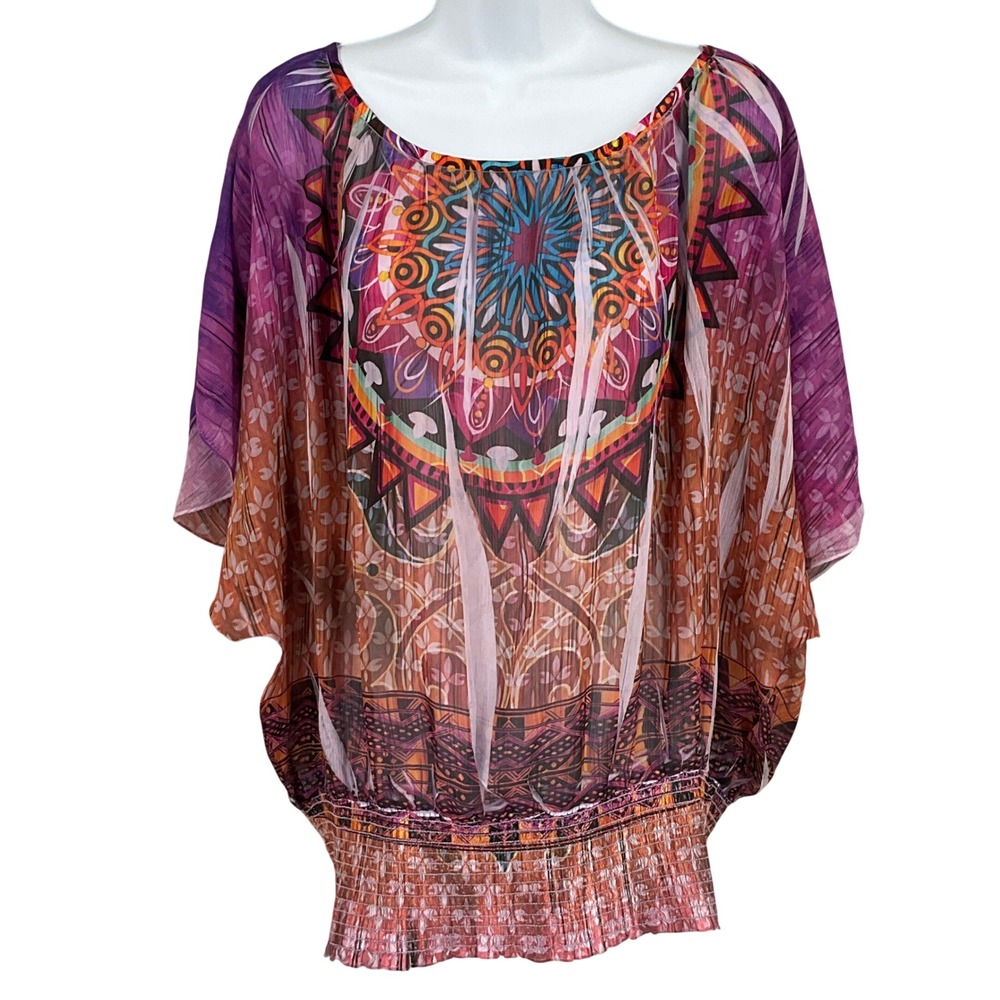 One World Top Womens 2X Purple‎ Medallion Dolman Boho Smocked Hippie Lightweight